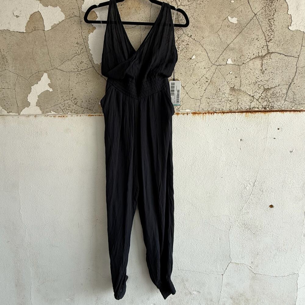 PrAna Fernie Jumpsuit Black Crinkle V-Neck‎ Travel Lounge Romper XS Sustainable